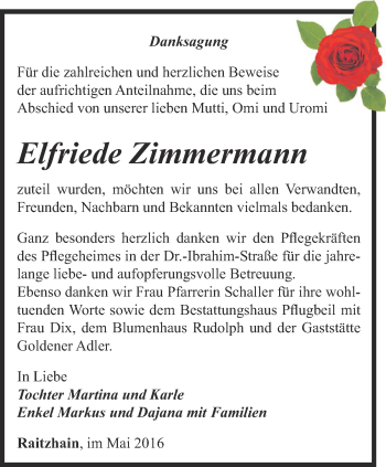 Traueranzeige von Elfriede Zimmermann von Ostthüringer Zeitung