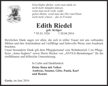 Traueranzeige von Edith Riedel von Ostthüringer Zeitung