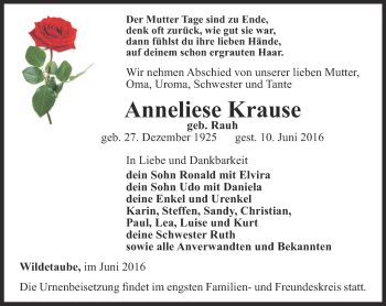 Traueranzeige von Anneliese Krause von Ostthüringer Zeitung