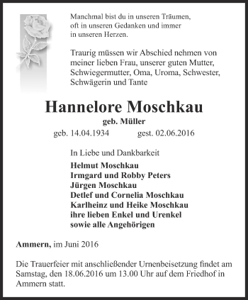 Traueranzeige von Hannelore Moschkau von Thüringer Allgemeine, Thüringische Landeszeitung