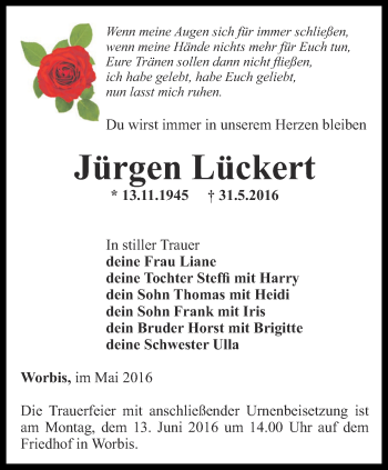 Traueranzeige von Jürgen Lückert von Thüringer Allgemeine