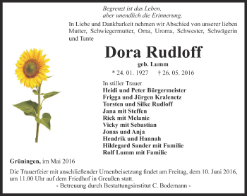 Traueranzeige von Dora Rudloff von Thüringer Allgemeine