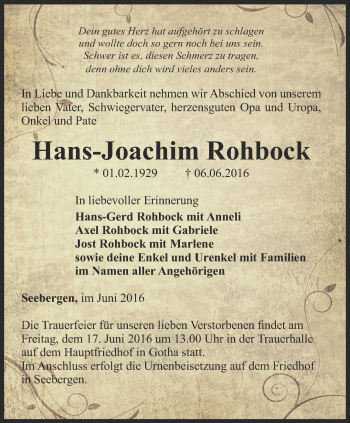 Traueranzeige von Hans-Joachim Rohbock von Ostthüringer Zeitung, Thüringische Landeszeitung