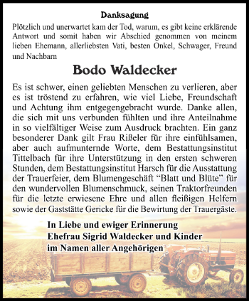 Traueranzeige von Bodo Waldecker von Thüringer Allgemeine