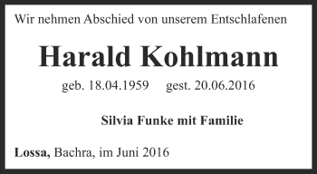 Traueranzeige von Harald Kohlmann von Thüringer Allgemeine