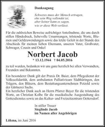 Traueranzeige von Norbert Jacob von Ostthüringer Zeitung