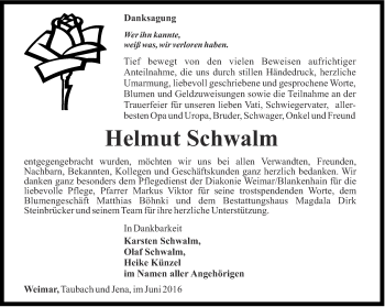 Traueranzeige von Helmut Schwalm von Thüringer Allgemeine, Thüringische Landeszeitung