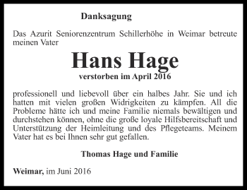 Traueranzeige von Hans Hage von Thüringer Allgemeine, Thüringische Landeszeitung