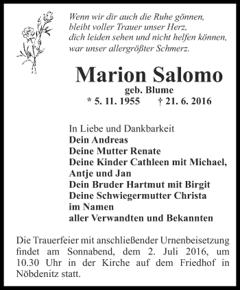Traueranzeige von Marion Salomo von Ostthüringer Zeitung