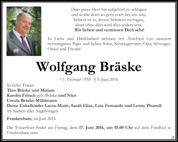 Traueranzeige von Wolfgang Bräske von Thüringer Allgemeine