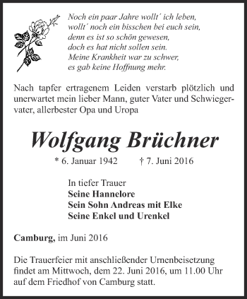 Traueranzeige von Wolfgang Brüchner von Ostthüringer Zeitung, Thüringische Landeszeitung