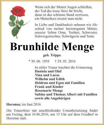 Traueranzeige von Brunhilde Menge von Thüringer Allgemeine, Thüringische Landeszeitung