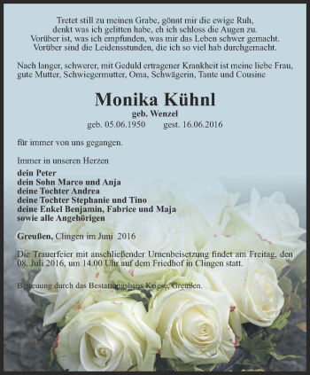 Traueranzeige von Monika Kühnl von Thüringer Allgemeine