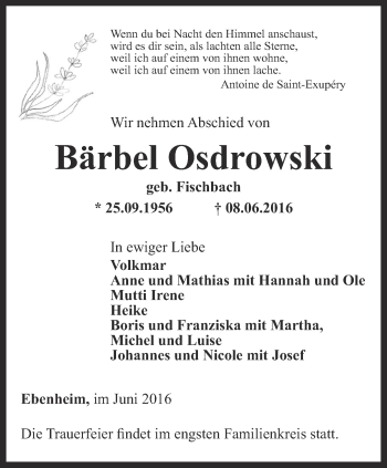 Traueranzeige von Bärbel Osdrowski von Ostthüringer Zeitung, Thüringische Landeszeitung