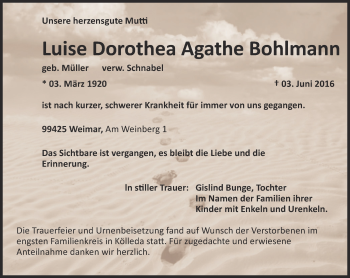 Traueranzeige von Luise Dorothea Agathe Bohlmann von Thüringer Allgemeine