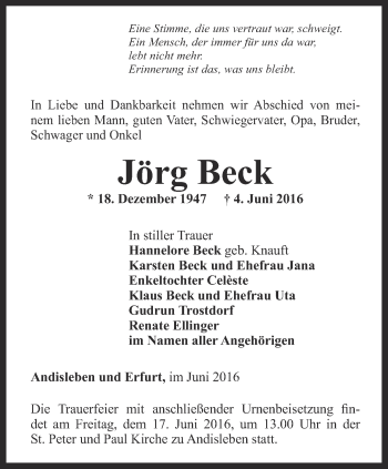 Traueranzeige von Jörg Beck von Thüringer Allgemeine, Thüringische Landeszeitung