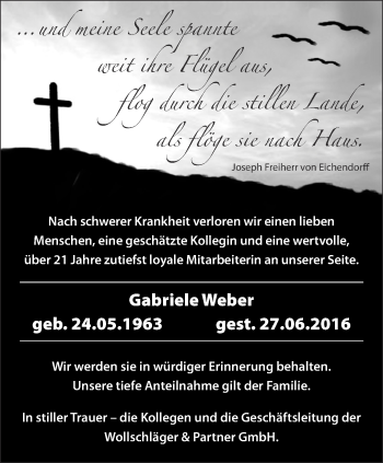 Traueranzeige von Gabriele Weber von Ostthüringer Zeitung, Thüringische Landeszeitung