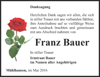 Traueranzeige von Franz Bauer von Thüringer Allgemeine, Thüringische Landeszeitung