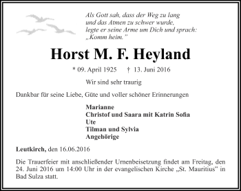 Traueranzeige von Horst M. F. Heyland von Thüringer Allgemeine, Thüringische Landeszeitung