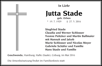 Traueranzeige von Jutta Stade von Thüringer Allgemeine