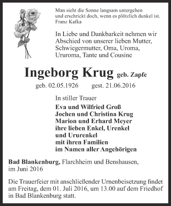 Traueranzeige von Ingeborg Krug von Ostthüringer Zeitung