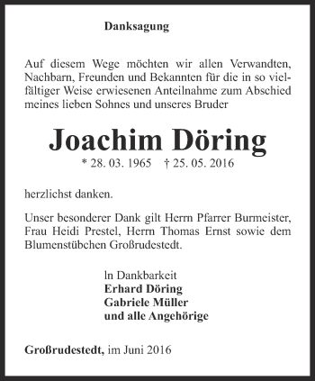 Traueranzeige von Joachim Döring von Thüringer Allgemeine