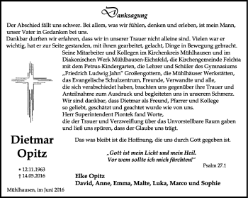 Traueranzeige von Dietmar Opitz von Thüringer Allgemeine, Thüringische Landeszeitung