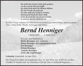 Traueranzeige von Bernd Henniger von Thüringer Allgemeine, Thüringische Landeszeitung