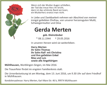 Traueranzeige von Gerda Merten von Thüringer Allgemeine, Thüringische Landeszeitung