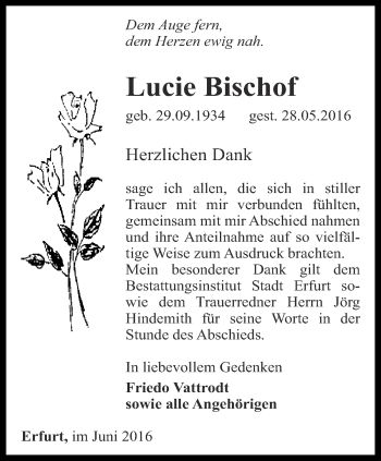 Traueranzeige von Lucie Bischof von Thüringer Allgemeine, Thüringische Landeszeitung