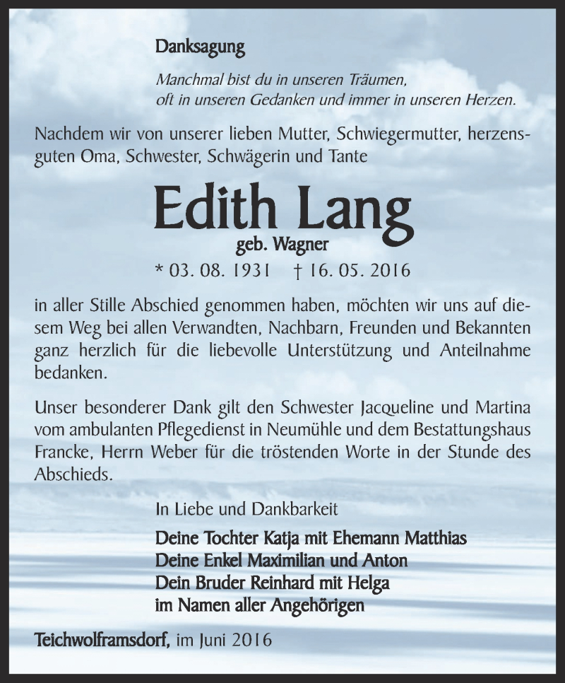  Traueranzeige für Edith Lang vom 03.06.2016 aus Ostthüringer Zeitung