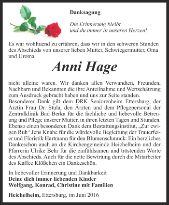 Traueranzeige von Anni Hage von Thüringer Allgemeine, Thüringische Landeszeitung