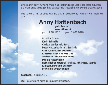 Traueranzeige von Anny Hattenbach von Thüringer Allgemeine, Thüringische Landeszeitung