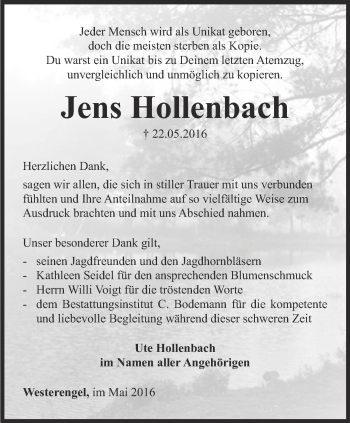 Traueranzeige von Jens Hollenbach von Thüringer Allgemeine