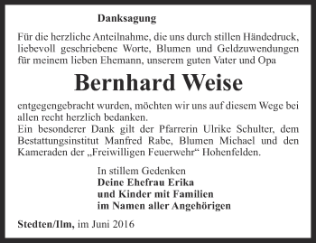 Traueranzeige von Bernhard Weise von Thüringer Allgemeine, Thüringische Landeszeitung