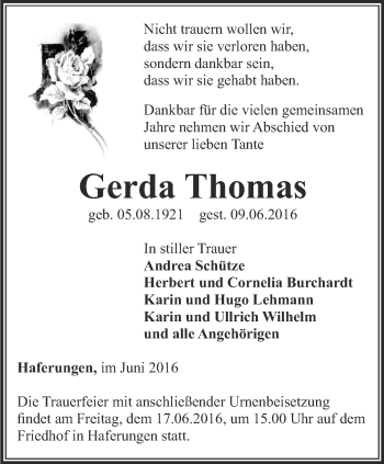 Traueranzeige von Gerda Thomas von Thüringer Allgemeine