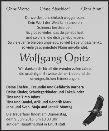 Traueranzeige von Wolfgang Opitz von Thüringer Allgemeine, Thüringische Landeszeitung