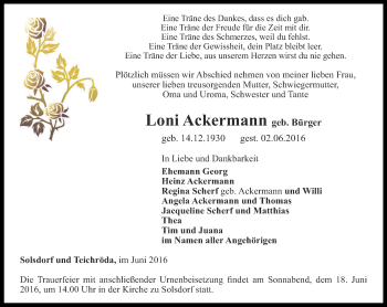 Traueranzeige von Loni Ackermann von Ostthüringer Zeitung