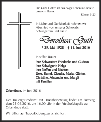 Traueranzeige von Dorothea Güth von Ostthüringer Zeitung, Thüringische Landeszeitung