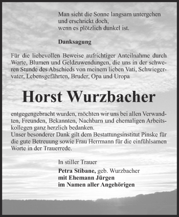 Traueranzeige von Horst Wurzbacher von Ostthüringer Zeitung