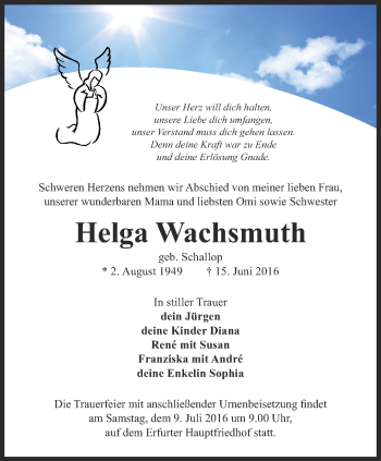 Traueranzeige von Helga Wachsmuth von Thüringer Allgemeine, Thüringische Landeszeitung