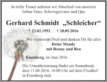 Traueranzeige von Gerhard Schmidt von Ostthüringer Zeitung