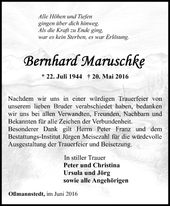 Traueranzeige von Bernhard Maruschke von Thüringer Allgemeine, Thüringische Landeszeitung