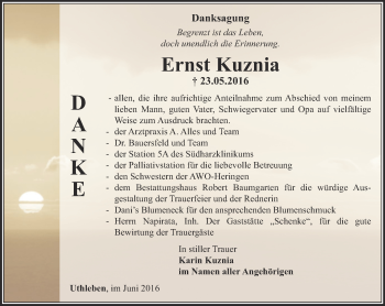 Traueranzeige von Ernst Kuznia von Thüringer Allgemeine