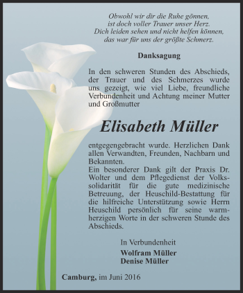 Traueranzeige von Elisabeth Müller von Ostthüringer Zeitung, Thüringische Landeszeitung