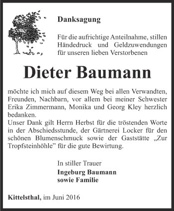 Traueranzeige von Dieter Baumann von Thüringer Allgemeine, Thüringische Landeszeitung