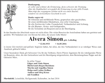 Traueranzeige von Alvera Simon von Thüringer Allgemeine