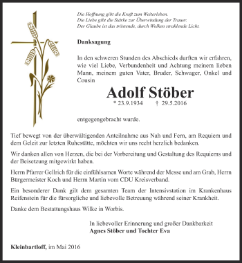 Traueranzeige von Adolf Stöber von Thüringer Allgemeine