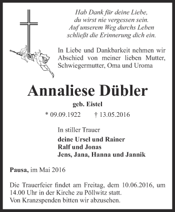 Traueranzeige von Annaliese Dübler von Ostthüringer Zeitung