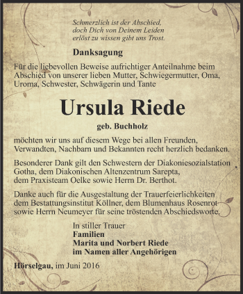 Traueranzeige von Ursula Riede von Ostthüringer Zeitung, Thüringische Landeszeitung